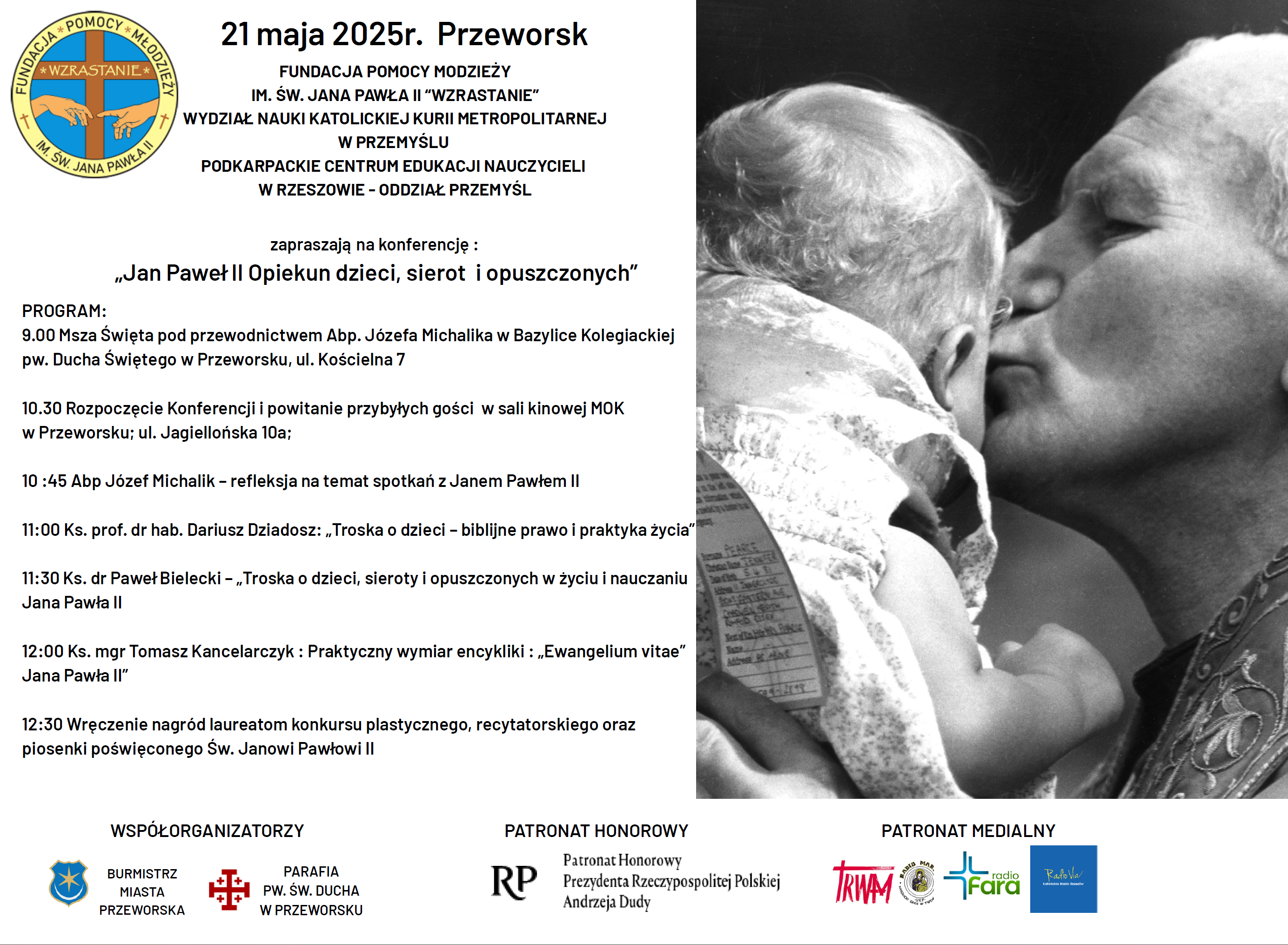 Zaproszenie na konferencję „Jan Paweł II Opiekun dzieci, sierot i opuszczonych”