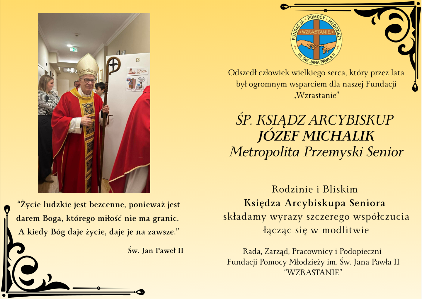 Fundacja „Wzrastanie” składa kondolencje po śmierci śp. Arcybiskupa Józefa Michalika